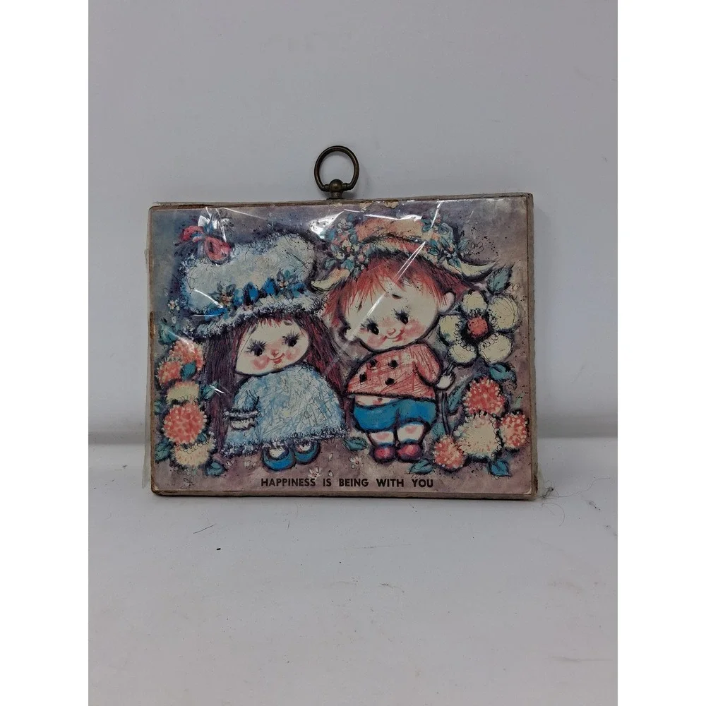 Vintage 1970s Happiness Is Being With You Wooden Wall Plaque Retro Kitsch Art. Q